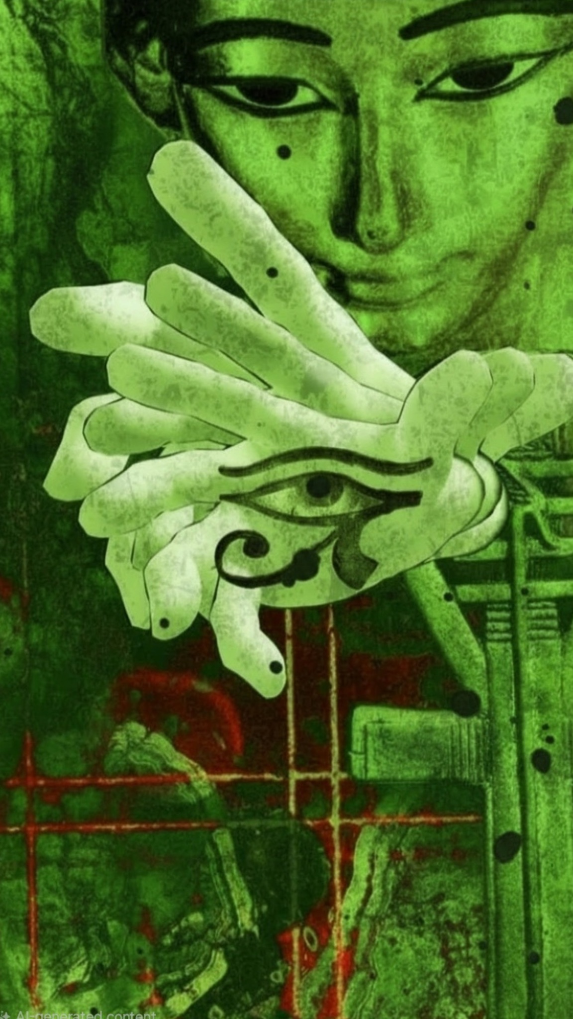 Green collage of a face, hands, and painted eyes
