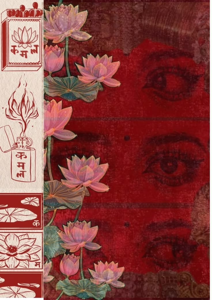 Red collage with lotus flowers and painted eyes